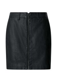 Gonna mini in pelle nera con zip frontale, caratterizzata da un design aderente e una trama liscia, sopra il ginocchio con dettagli di cucitura minimi.