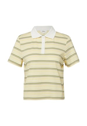 Koszulka polo z krótkim rękawem w żółto-zielone poziome paski, z białym kołnierzem i plisą na guziki.