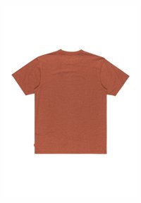 Cotton t-shirt in rust color, featuring short sleeves and a crew neckline. Smooth texture with minimal design details, tag on the hem.
