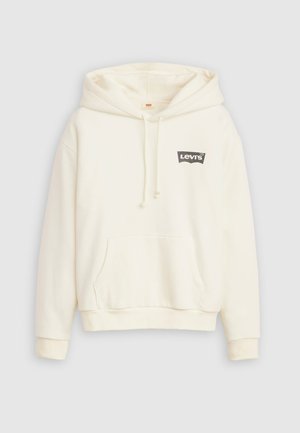 White hoodie with a drawstring hood, front pocket, and a black Levi's logo on the chest. Made from soft cotton material.
