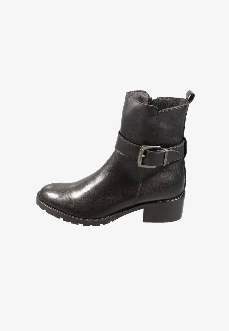 Schwarzer Stiefelette aus Leder mit glatter Oberfläche, spitz zulaufender Zehenpartie, niedrigem Blockabsatz und dekorativem Schnallendetail am Knöchelriemen.