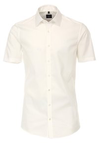 Korte mouwen witte shirt van glad stof met een klassieke kraag, knoopsluiting aan de voorkant en subtiele stikdetails langs de naden.