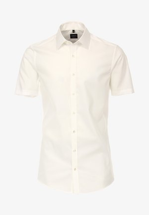 Korte mouwen witte shirt van glad stof met een klassieke kraag, knoopsluiting aan de voorkant en subtiele stikdetails langs de naden.