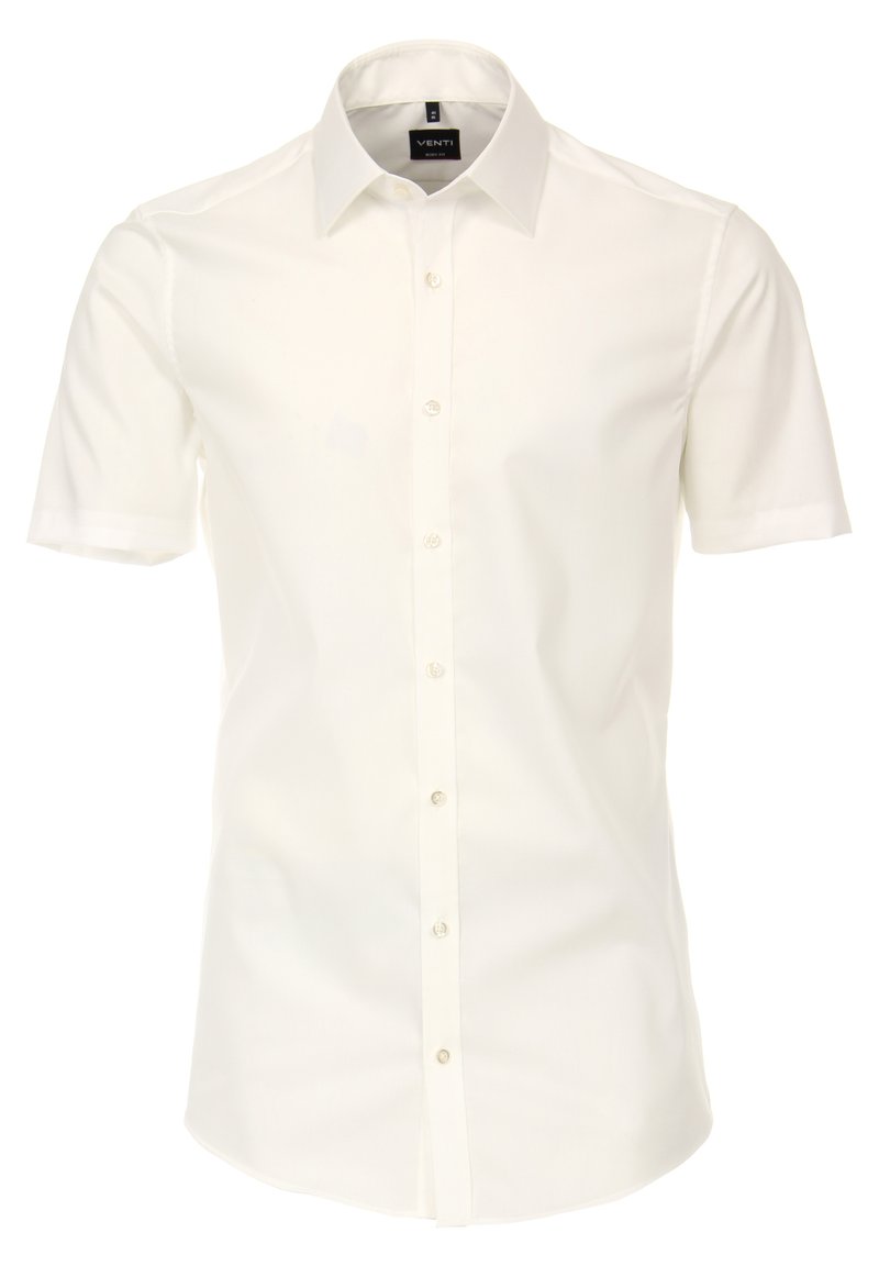 Korte mouwen witte shirt van glad stof met een klassieke kraag, knoopsluiting aan de voorkant en subtiele stikdetails langs de naden.