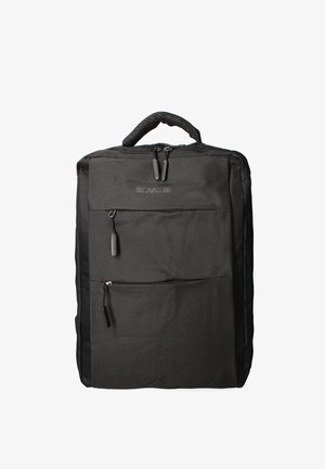 Zaino in tessuto nero con tre tasche con zip, manico robusto e dettagli testurizzati. Design compatto e rettangolare adatto per l'uso quotidiano.