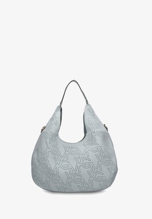 Borsa hobo in pelle grigio chiaro con motivo perforato del logo VG e una singola tracolla, su sfondo bianco.