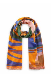 Farbenfroher Schal mit leuchtend orange, blauen, grünen und pinken Mustern. Weicher Stoff mit fransen Säumen und abstrakten Designelementen.