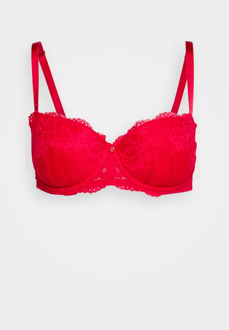 Sutiã de renda vermelha com copas almofadadas, bordas em forma de onda e alças de cetim ajustáveis. Apresenta um pequeno detalhe em metal dourado no centro.