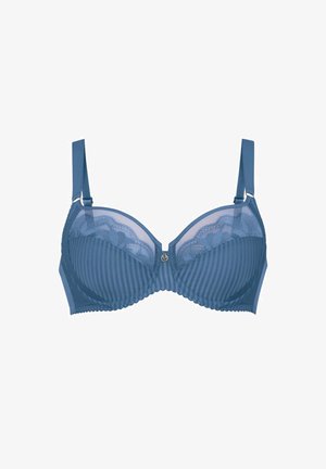 Blue striped bra with lace detailing on cups, underwire support, adjustable straps, and a small gold hardware accent at the center.