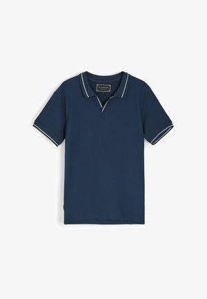 Granatowa koszulka polo z teksturowanej tkaniny, z dwukolorowym jasnoszarym kołnierzykiem i akcentami rękawów oraz klasycznym krojem. Metka widoczna w środku.