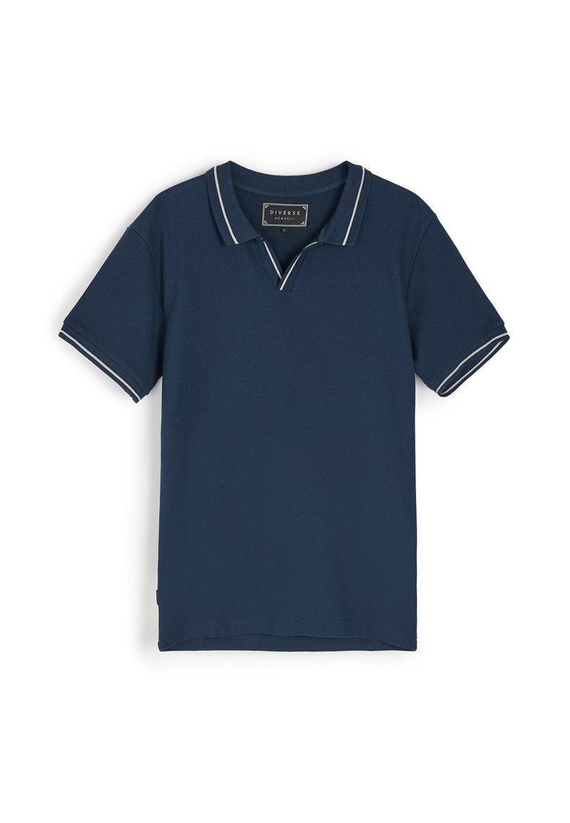 Granatowa koszulka polo z teksturowanej tkaniny, z dwukolorowym jasnoszarym kołnierzykiem i akcentami rękawów oraz klasycznym krojem. Metka widoczna w środku.