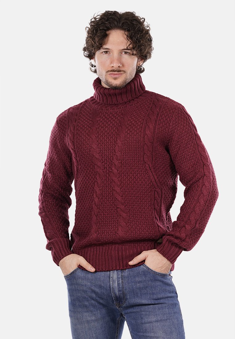 Maglione a collo alto bordeaux realizzato in tessuto lavorato a maglia, con motivo a treccia e polsini e orlo a coste.