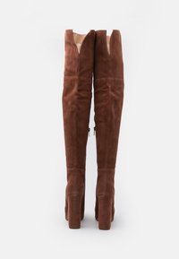 Botas marrones de ante por encima de la rodilla con un pronunciado diseño en forma de V en la parte superior, que cuentan con un tacón cuadrado y cierres de cremallera en el lateral.