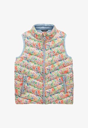 Ærmeløs quiltet vest med farverigt blomsterprint, opretstående krave, lynlås foran og to lynlåslommer i siderne, lyseblåt indvendigt for.