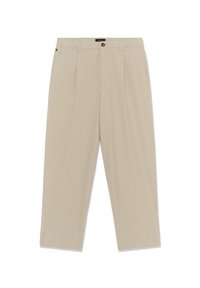 Pantaloni beige in tessuto leggero con finitura texturizzata. Presentano un design a taglio dritto, pieghe frontali e una chiusura con un solo bottone.