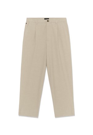 Béžové nohavice z ľahkej tkaniny s textúrovaným povrchom. Majú rovný strih, predné záhyby a zapínanie na jeden gombík.