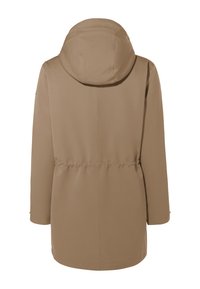 Giacca a cappuccio color sabbia con una finitura liscia e opaca. Presenta una vita regolabile e maniche lunghe; progettata per una vestibilità comoda.