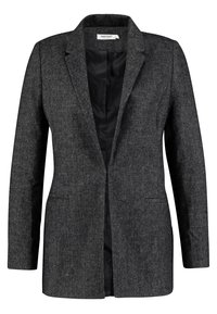 Grå herringbone-blazer med spetsig krage, enstängd framknäppning, två sidofickor och en slät innerfoder.