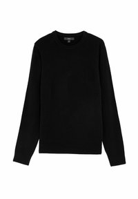 Pull-over noir en tissu tricoté, avec un col rond, des manches longues et un ourlet droit avec des bordures côtelées. Sans motifs ni accents.