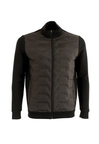 Giacca nera con zip, caratterizzata da una sezione anteriore trapuntata e maniche lisce. Il materiale comprende un tessuto morbido dalla finitura opaca.