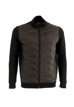 Zwarte jas met ritssluiting, met een doorgestikt voorpand en gladde mouwen. Materiaal bestaat uit zachte stof met een matte afwerking.