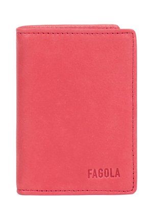 Portefeuille en cuir rouge avec bords cousus et nom de marque "FAGOLA" estampé dans le coin inférieur droit.