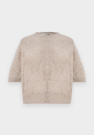 Beige short-sleeve sweater made from soft, fuzzy fabric. Features a round neckline and a relaxed fit with ribbed hem accents.