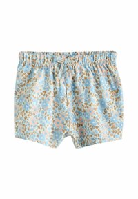 Shorts de bain floraux avec une base bleu clair, ornés de fleurs roses et dorées, taille élastique et un détail en nœud à l'avant.