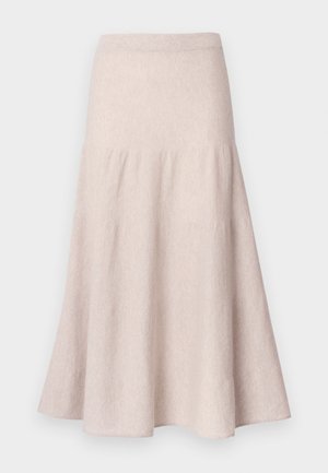 Lysebeige skørt med vidde, lavet af blødt stof, med høj talje og et rynket design med en flydende silhuet.