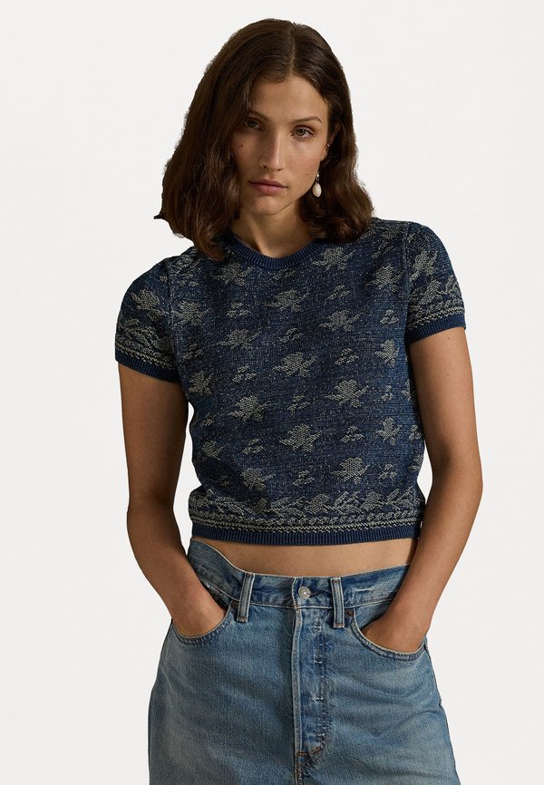 FLORAL COTTON SHORT SLEEVE SWEATER - Print T-shirt - dark indigo