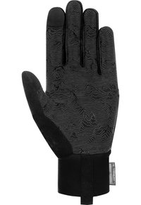 Schwarzer Handschuh mit strukturiertem Griffmuster, touchscreen-kompatiblen Fingerspitzen und elastischem Handgelenkbund mit einem Stoffetikett.