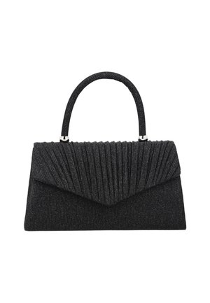 Geantă de mână clutch neagră sclipitoare, cu clapetă plisată oblică și mâner din material curbat, cu detalii din metal argintiu.