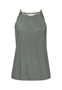 Salbeigrünes ärmelloses Oberteil mit gerafftem Ausschnitt und dekorativen Trägerdetails. Weicher Stoff mit lässigem Schnitt und geradem Saum.