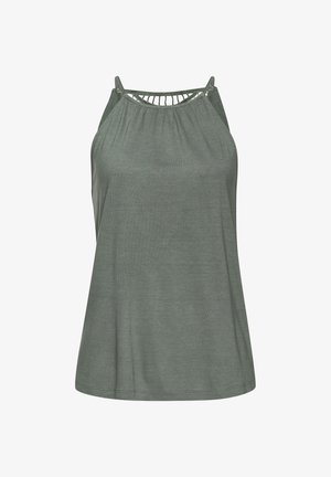 Salbeigrünes ärmelloses Oberteil mit gerafftem Ausschnitt und dekorativen Trägerdetails. Weicher Stoff mit lässigem Schnitt und geradem Saum.