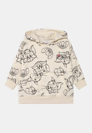 Kremowa bluzka z kapturem z wzorem twarzy cartoonowych myszy i kotów. Posiada małe logo FILA z przodu. Miękka struktura materiału.