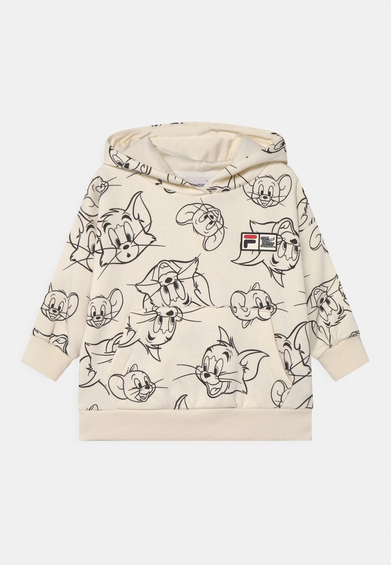 Sweat-shirt à capuche couleur crème avec un motif de visages de souris et de chats en cartoon. Présente un petit logo FILA à l'avant. Texture de tissu douce.
