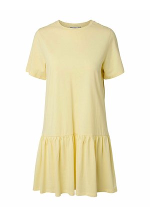 Hele kollase lühikeste varrukatega kleit ümmarguse kaeluse ja kogutud volangidega äärega, põlvpikk, vabaaja stiil.