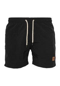 Crne kupaće hlače s elastičnom waistband, bež špagom i malom smeškom kožnom oznakom koja sadrži logo marke sprijeda.