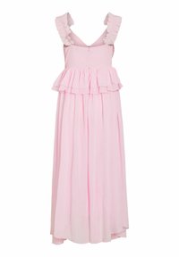 Robe maxi rose clair sans manches avec bretelles à volants et détail péplum superposé à la taille.