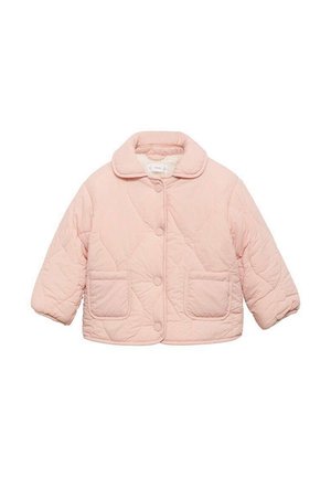 Veste rose rembourrée avec un col arrondi et deux poches avant, arborant une texture matelassée et une fermeture à boutons.