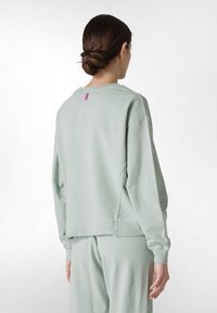 Sudadera ligera verde claro de cuello redondo con mangas largas, corte relajado, puños acanalados y una pequeña etiqueta morada en la parte posterior. Textura suave.