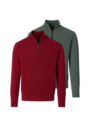 Zwei strukturierte Pullover mit Viertel-Reißverschluss und Stehkragen, einer rot vorne und einer grün dahinter, auf weißem Hintergrund dargestellt.