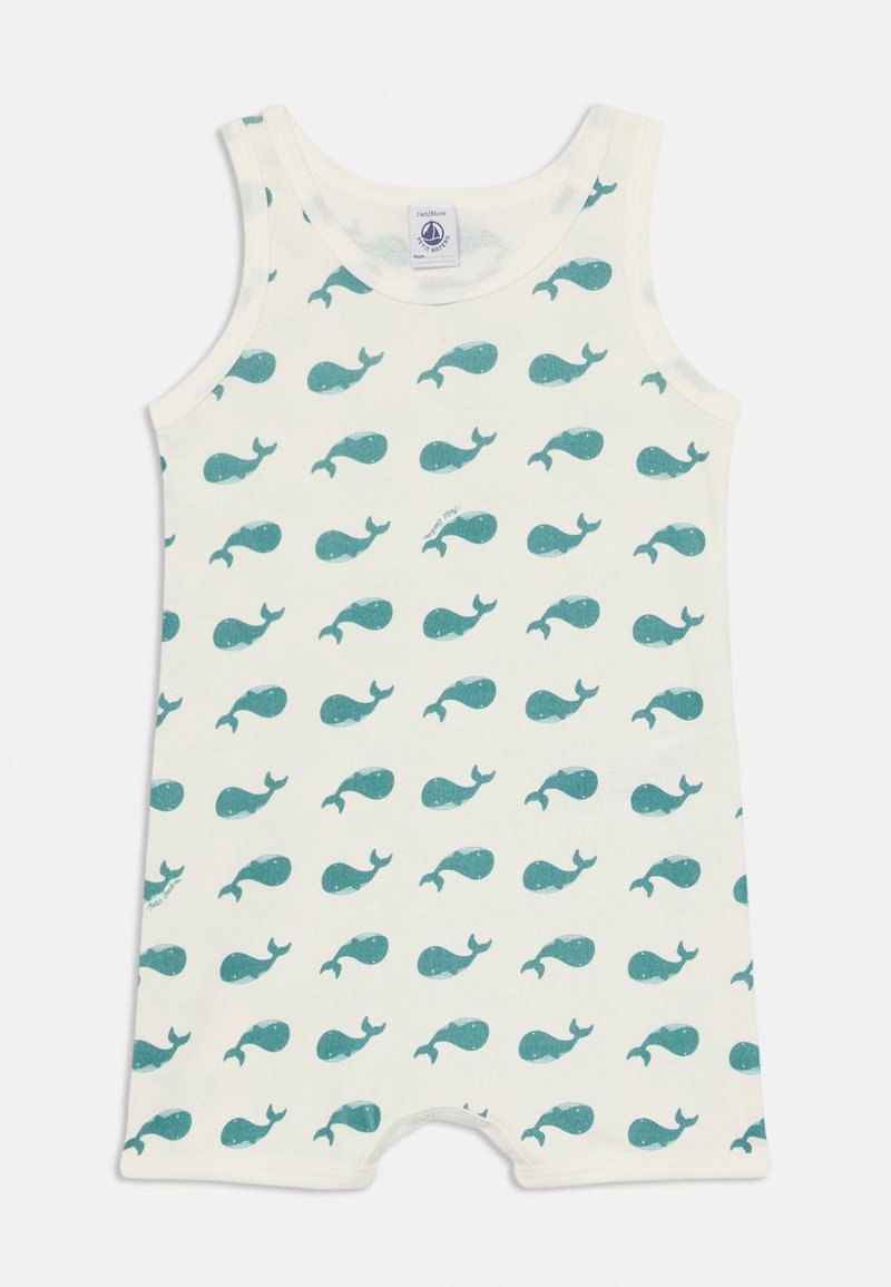White sleeveless romper with a repeating pattern of teal whales, made of soft fabric, featuring a round neckline and snap bottom closure.