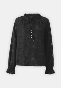 Blusa nera con un motivo floreale testurizzato, scollatura rotonda con effetto arricciato, chiusura a fiocco e cinque bottoni decorativi sul davanti.
