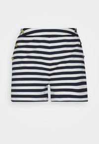 Pantaloni corti a righe blu navy e bianchi realizzati in tessuto morbido, con bottoni dorati sui lati e una vestibilità sartoriale.