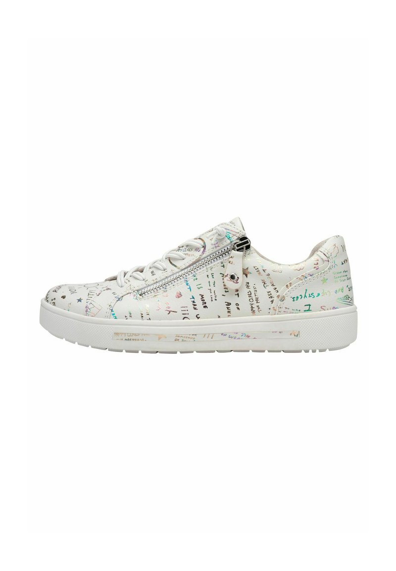 Weißer Sneaker mit einem strukturierten Design, das mehrfarbige handschriftliche Muster aufweist, einen seitlichen Reißverschluss und eine weiße Gummisohle.