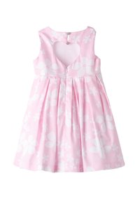 Rosa Kleid mit weißem Blumenmuster, ärmelloses Design, herzförmiger Ausschnitt am Rücken und Knöpfe zum Schließen. Aus leichtem Stoff hergestellt.