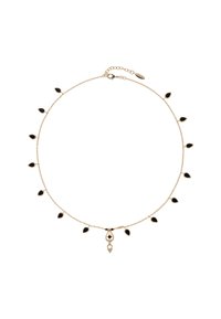 Collier en chaîne dorée avec des accents en forme de goutte noire, featuring un pendentif décoratif central. Longueur ajustable avec une fermeture à clip.