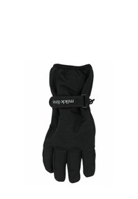 Fekete téli kesztyű tartós anyagból, szűkített csuklóval és márkajelzéssel ellátott pánttal a biztos illeszkedés érdekében. Ötujjas kialakítás.