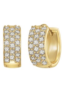 Guldörhängen i form av hoops med en rad av klara, runda simulerade diamanter, inställda i ett kloliknande mönster för extra glans och detalj.